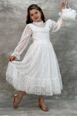 Kız Çocuk Kolları ve Yakası Şeffaf Tül ve Fırfır Detaylı Beyaz Elbise thumbnail 7