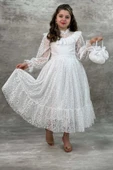 Kız Çocuk Kolları ve Yakası Şeffaf Tül ve Fırfır Detaylı Beyaz Elbise thumbnail 5