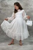 Kız Çocuk Kolları ve Yakası Şeffaf Tül ve Fırfır Detaylı Beyaz Elbise thumbnail 6