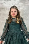 Kız Çocuk Kolları ve Yakası Şeffaf Tül ve Fırfır Detaylı Yeşil Elbise thumbnail 8