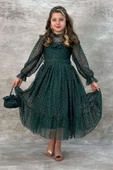 Kız Çocuk Kolları ve Yakası Şeffaf Tül ve Fırfır Detaylı Yeşil Elbise thumbnail 5