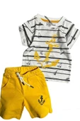 Erkek Bebek Çapa Baskılı Kısa Kol Çizgili Tişört Sarı Şortlu Takım thumbnail 6