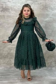 Kız Çocuk Kolları ve Yakası Şeffaf Tül ve Fırfır Detaylı Yeşil Elbise thumbnail 6
