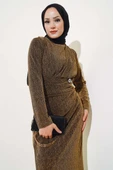 Taş Aksesuarlı Simli Elbise Camel - 2