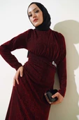 Taş Aksesuarlı Simli Elbise Bordo thumbnail 2