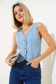 Metal Düğmeli Kot Yelek Açık Mavi thumbnail 1