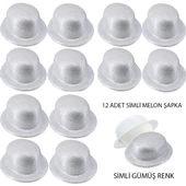 Gümüş Renk Simli Melon Yuvarlak Parti Şapkası 12 Adet - 1