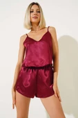 Askılı Saten Pijama Takımı Bordo thumbnail 2