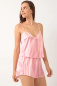 Çizgili Askılı Saten Pijama Takımı Pembe thumbnail 2