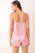 Çizgili Askılı Saten Pijama Takımı Pembe thumbnail 3