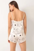 Kedi Desen Askılı Saten Pijama Takımı Beyaz thumbnail 3