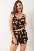 Ayıcık Desen Askılı Saten Pijama Takımı Siyah thumbnail 1