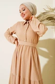 Yarım Taş Düğmeli Elbise Bej thumbnail 2