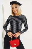 Paris Nakışlı Çizgili Bluz Siyah thumbnail 2