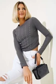 Taşlı Uzun Kol Kaşkorse Bluz Füme thumbnail 1
