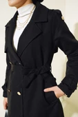 Omuz Apoletli Kısa Trençkot Siyah thumbnail 4