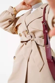 Balon Kol Kuşaklı Kısa Trençkot Bej thumbnail 4