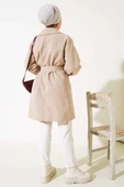 Balon Kol Kuşaklı Kısa Trençkot Bej thumbnail 3