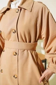 Balon Kol Kuşaklı Uzun Trençkot Camel thumbnail 4
