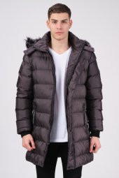 Kapüşonlu Kürk Detaylı Erkek Antrasit Uzun Şişme Mont - 1