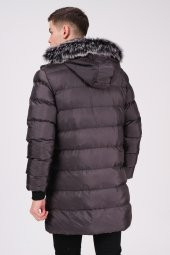 Kapüşonlu Kürk Detaylı Erkek Antrasit Uzun Şişme Mont - 3