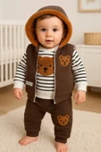 3-18 Ay Erkek Bebek Takımı Peluş Ayıcık Kapişon 3'lü Kahverengi - 1