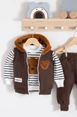 3-18 Ay Erkek Bebek Takımı Peluş Ayıcık Kapişon 3'lü Kahverengi - 3