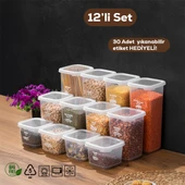 Porsima 1174 12'li Etiketli Kapaklı Gıda Kavanoz Saklama Kabı Seti Erzak Kabı Organizer Şefaf Kapak thumbnail 1
