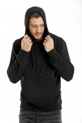 Basic Sweatshirt Kapüşonlu İçi Polarlı Siyah Standart Kalıp - 1