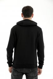 Basic Sweatshirt Kapüşonlu İçi Polarlı Siyah Standart Kalıp - 3