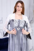 Duchesse 7008 Gri  Kadife Hamile Lohusa Gecelik Sabahlık Takım thumbnail 4