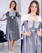 Duchesse 7008 Gri  Kadife Hamile Lohusa Gecelik Sabahlık Takım thumbnail 6