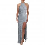 Dantel Boncuklu Askılı Gümüş Renk Abiye Elbise - 1