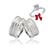 Rodyum Kaplama Çizgili Çift Gümüş Alyans Yüzük - 1