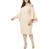 Düşük Omuz Nektar Renk Midi Krep Elbise - 1