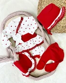 Kalp Desenli Dantel işlemeli Hastane Çıkışı Bebek Takımı - 5