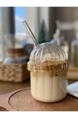 Cam Kapaklı Pipetli Borosilikat Sunum Bardağı, Isıya Dayanıklı Bardak, Kahve Bardağı (450 ml) Mocha - 1