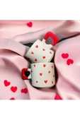Minimalist 2'li Kırmızı Kalp Desenli El Yapımı Doğal Seramik Kalp Kupa / Mug - Çay & Kahve Fincanı - 1