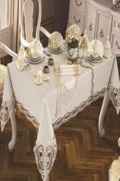 Fransız Güpürlü Gonca Tek Masa Örtüsü Krem thumbnail 3