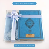 Şal + Seccade + Tesbih + Kuran Hediye Seti (Orta Boy, Termo Deri, Açık Mavi) thumbnail 1