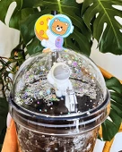 Astronot Suluk Pipetli Buzlu Cam Görünümlü Led Işıklı 450 ML Çift Katman Mika 2094 SYH - 3