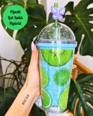 Suluk Pipetli Meyve Görselli Led Işıklı 450 ML Çift Katman Mika Su Şişesi 2096 Kiwi - 1