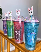 Suluk Pipetli Buzlu Cam Görünümlü Led Işıklı 450 ML Çift Katman Mika Su Şişesi 2087 Mavi - 4