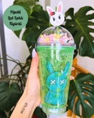 Suluk Pipetli Buzlu Cam Görünümlü  Led Işıklı 450 ML Çift Katman Mika Su Şişesi  2087 Yeşil - 1