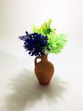 Mor Yeşil Açık Yeşil Yapraklar Dolgun Çiçekli Kulplu Testi Vazo thumbnail 1