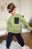 Erkek Çocuk Kapak Cepli Bisiklet Yaka Sweatshirt Haki Yeşil Eşofman Takım - 1