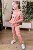 Kız Çocuk Papatya Baskılı ve Fırfır Cep Detaylı Sweat Alt Eşofman Somon Eşofman Takım thumbnail 1