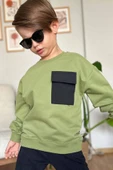 Erkek Çocuk Kapak Cepli Bisiklet Yaka Sweatshirt Haki Yeşil Eşofman Takım - 3