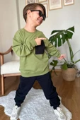 Erkek Çocuk Kapak Cepli Bisiklet Yaka Sweatshirt Haki Yeşil Eşofman Takım - 2