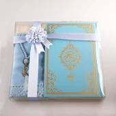 Şal + Seccade + Tesbih + Kuran Hediye Seti (Hafız Boy, Ekonomik Cilt, Açık Mavi) thumbnail 2